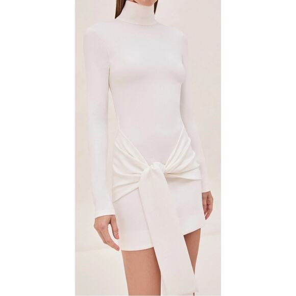 ALEXIS Tracee Long Sleeve High Neck Drape Twist Tie White Mini Dress Size XS - Picture 3 of 14